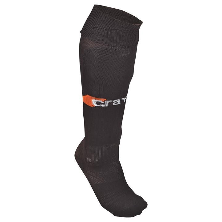 White hockey sock with a ribbed top, featuring the Grays logo in black and orange, made from a stretchy, breathable material designed for comfort and performance.