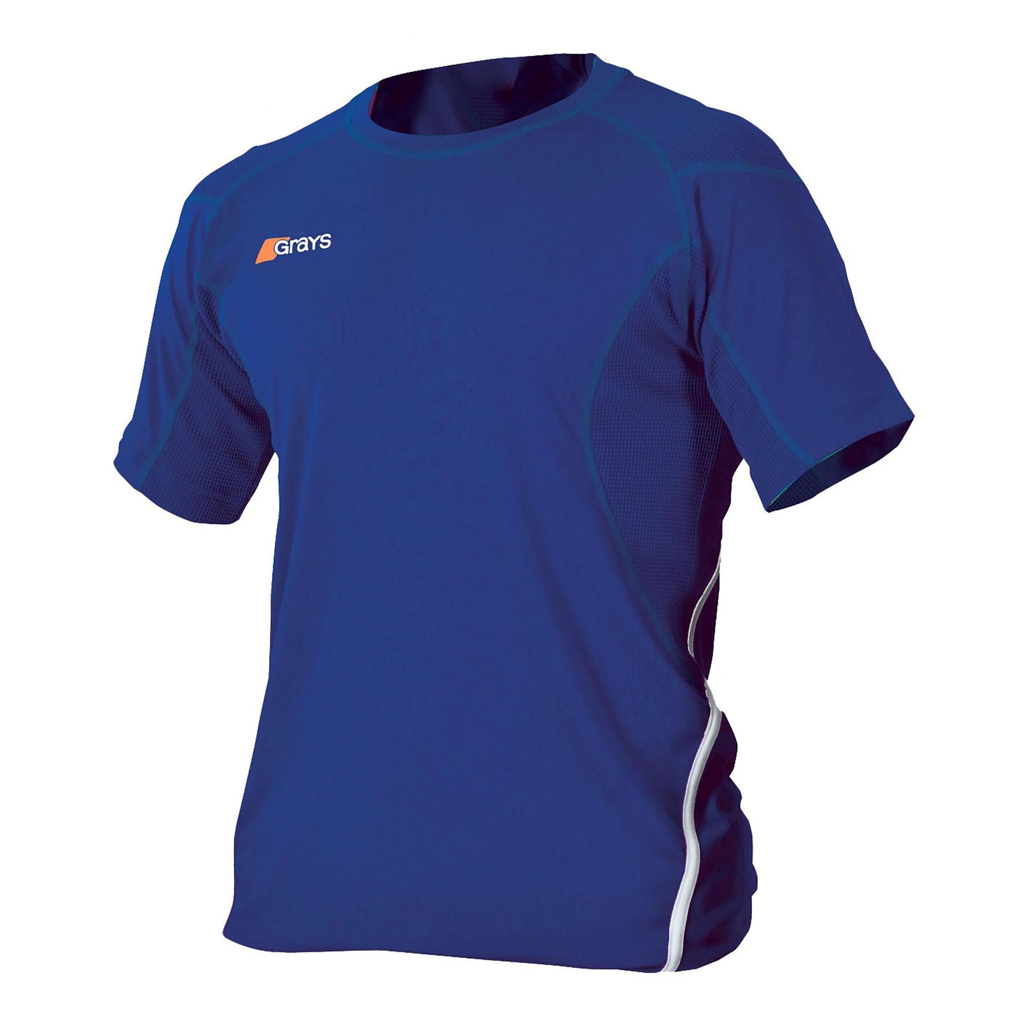 Navy blue short-sleeve men's shirt by Grays Hockey, featuring a breathable mesh material, contrasting white piping, and the Grays logo on the chest.