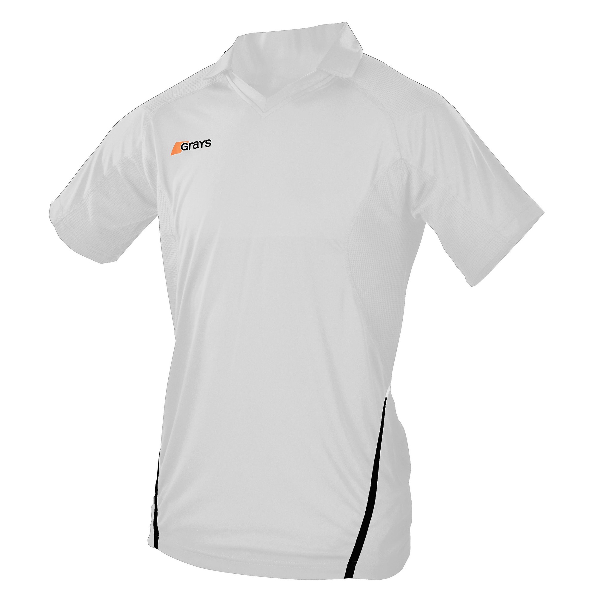 White junior hockey shirt by Grays, featuring a lightweight, breathable material, short sleeves, a collar, and black side panels with an orange logo on the chest.