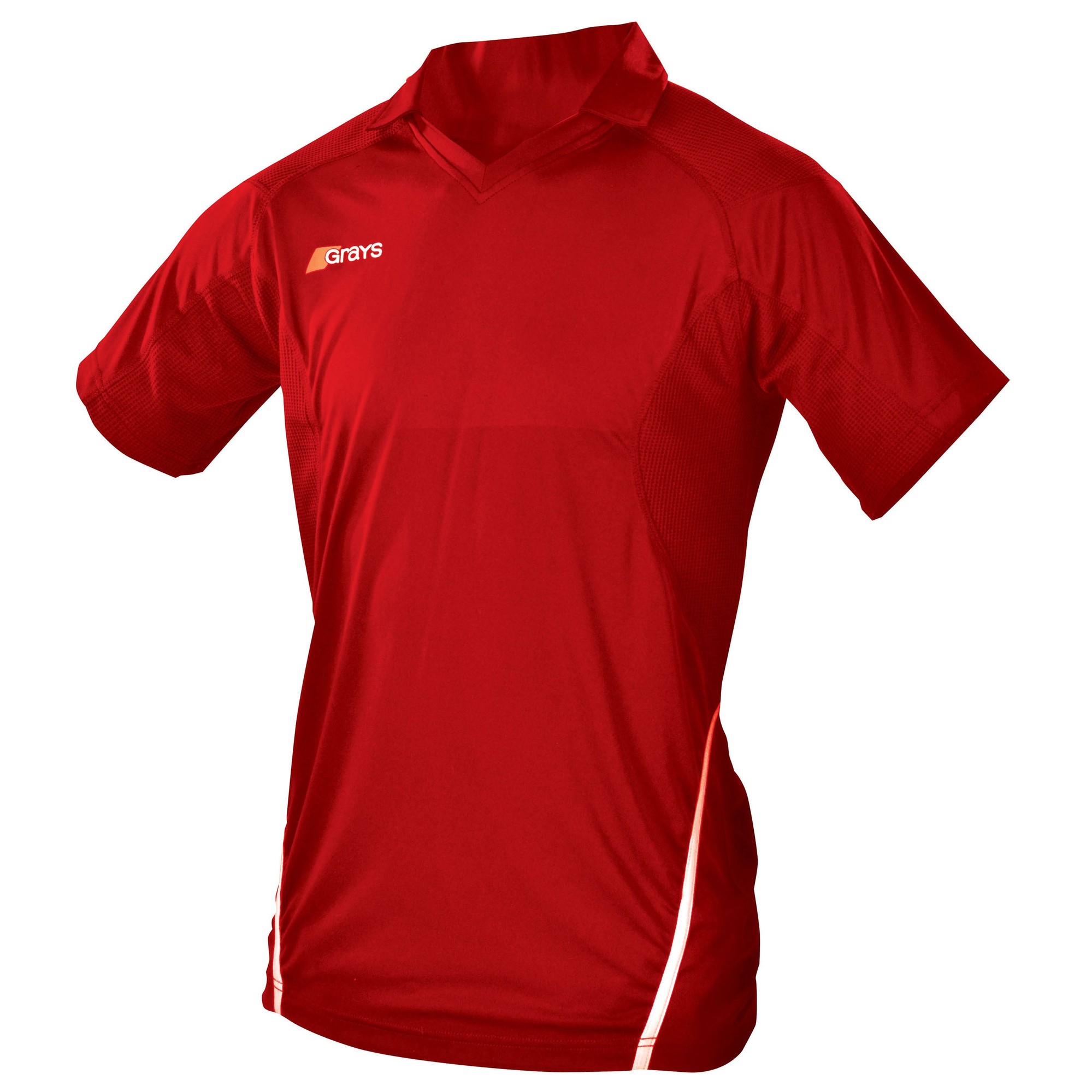 Red short-sleeve junior shirt by Grays Hockey, made from lightweight, breathable material with a sporty design and contrasting white side stripes.