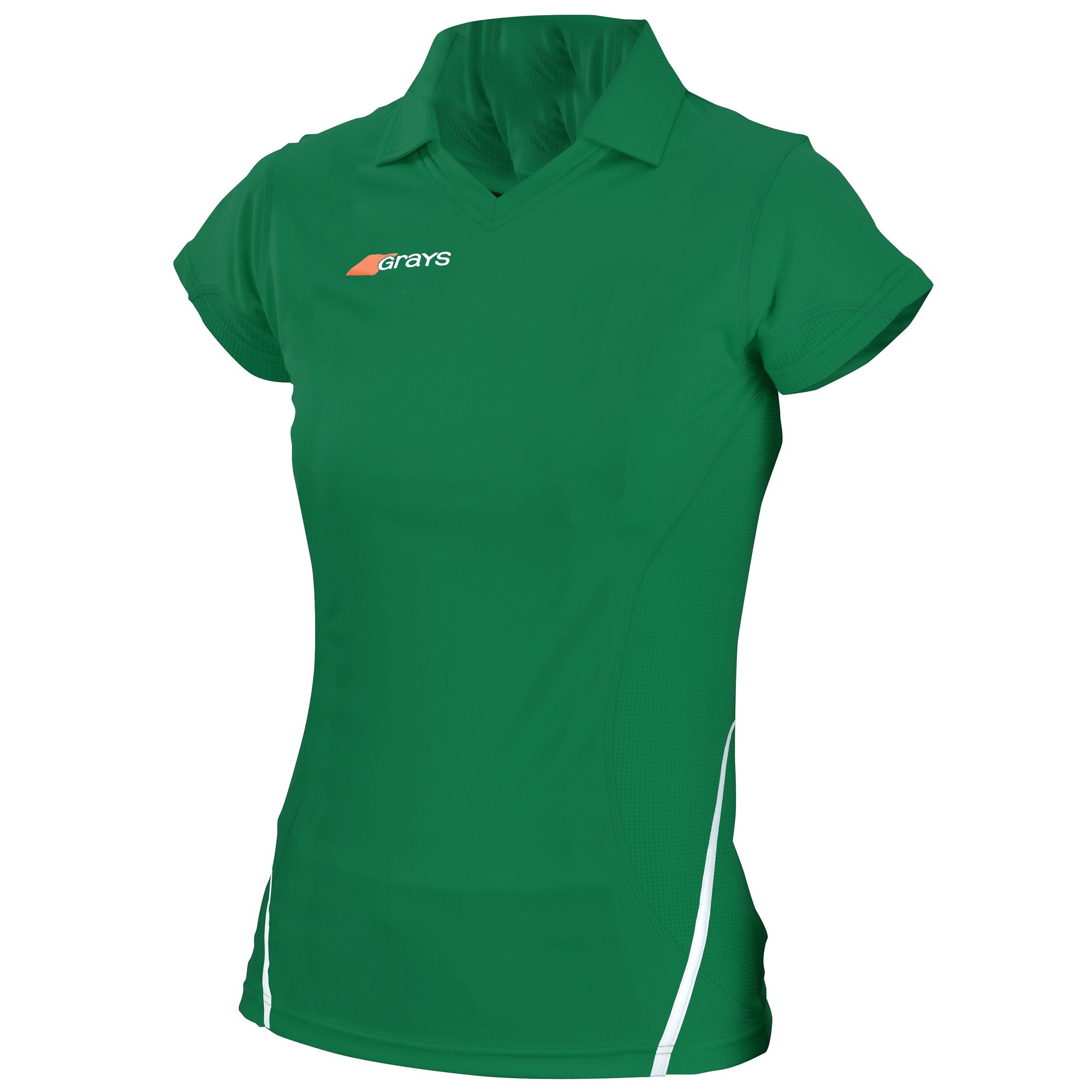 Short-sleeved women's shirt in vibrant green, made from breathable material, featuring a V-neck, slim fit, and contrasting white side panels with the Grays logo on the chest.