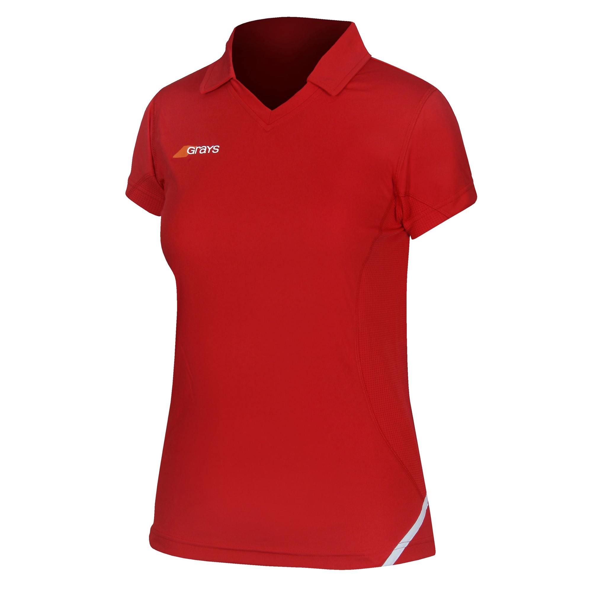 Red short-sleeve women's shirt by Grays Hockey, featuring a polo collar, moisture-wicking fabric, and contrasting white side panels with the Grays logo on the chest.
