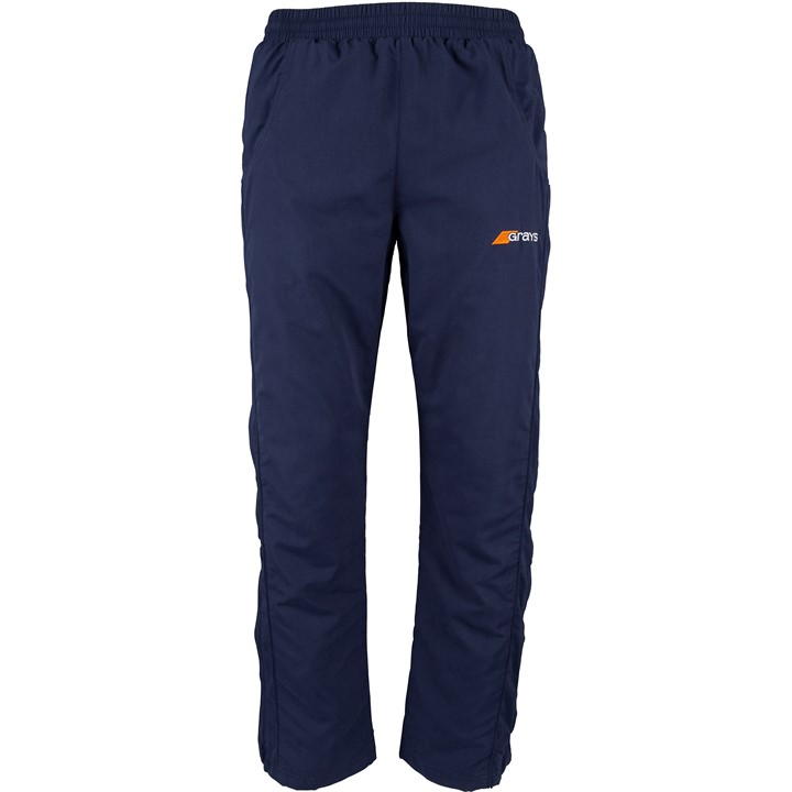 Navy blue junior trousers by Grays Hockey, made from lightweight material, featuring an elastic waistband and the Grays logo in orange on the left thigh.