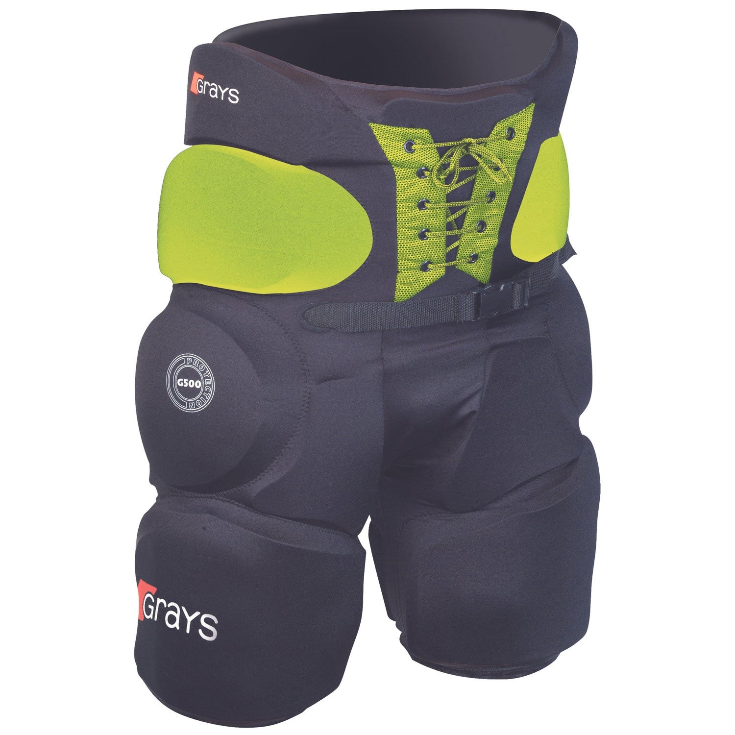 Black padded shorts with yellow accents, featuring a lace-up front, protective thigh pads, and Grays logo, designed for hockey players.