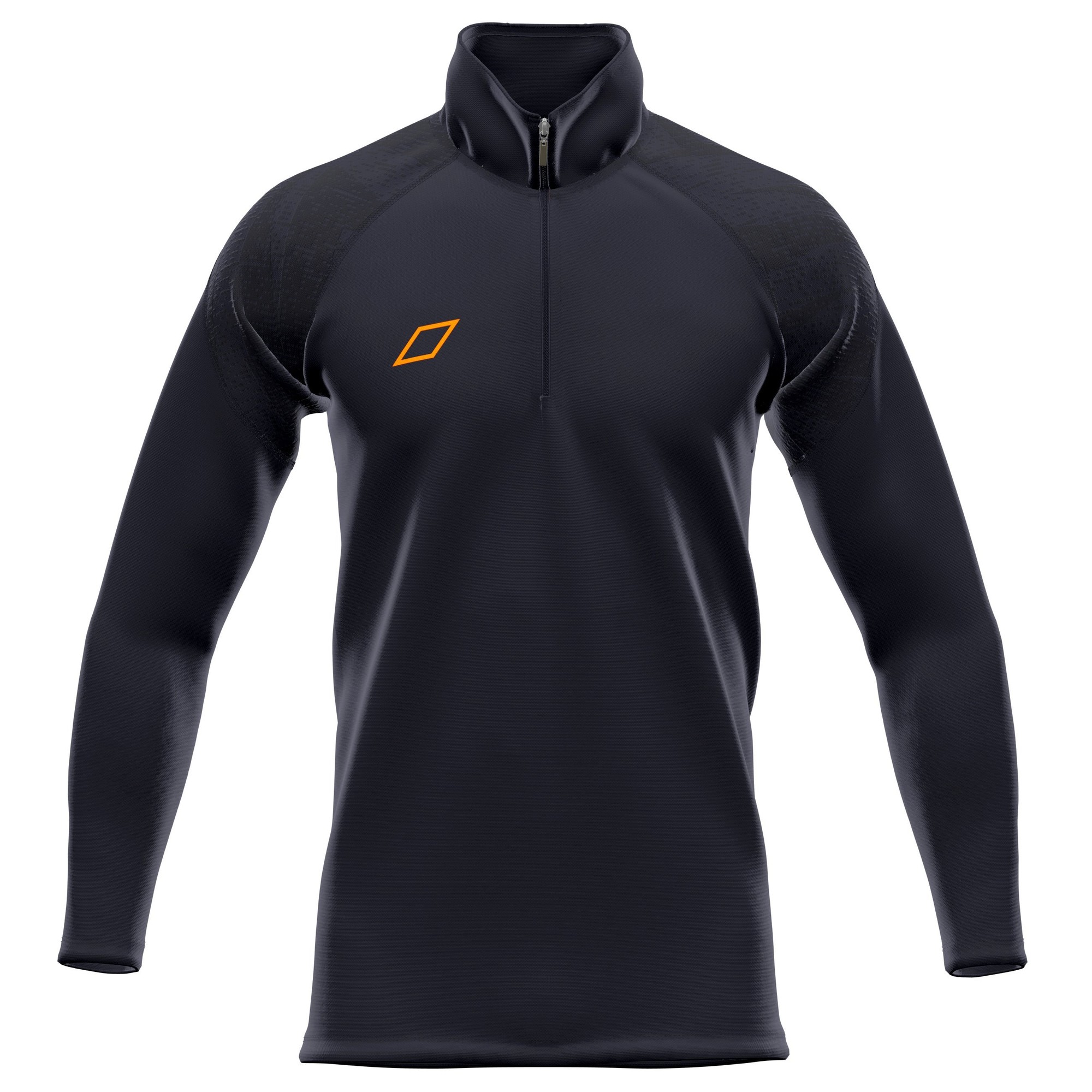 Dark navy 1/4 zip fleece for juniors by Grays Hockey, featuring a high collar, long sleeves, and an orange diamond logo on the chest.