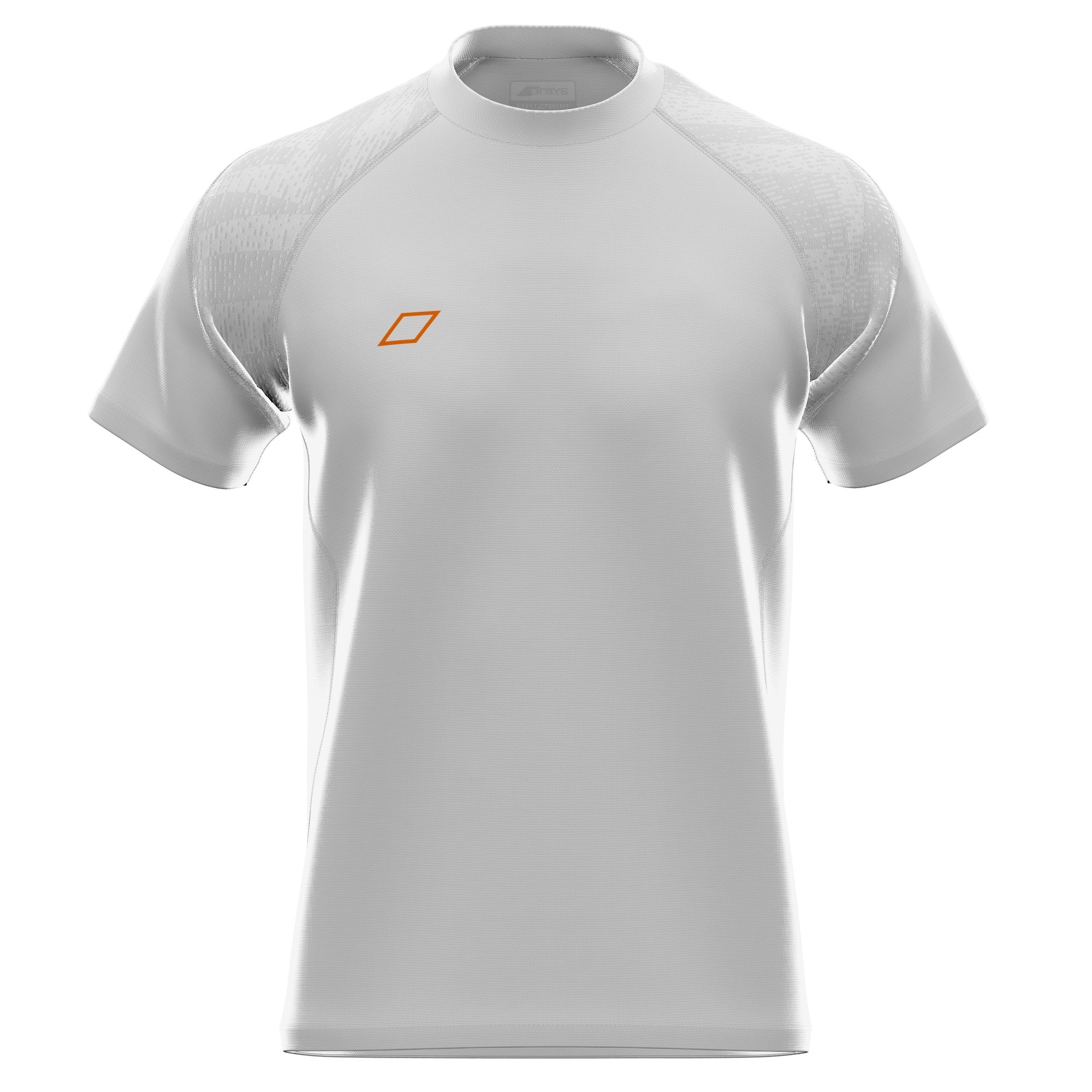 White short sleeve performance shirt featuring a smooth fabric, raglan sleeves, and a small orange Grays logo on the chest, designed for junior athletes.
