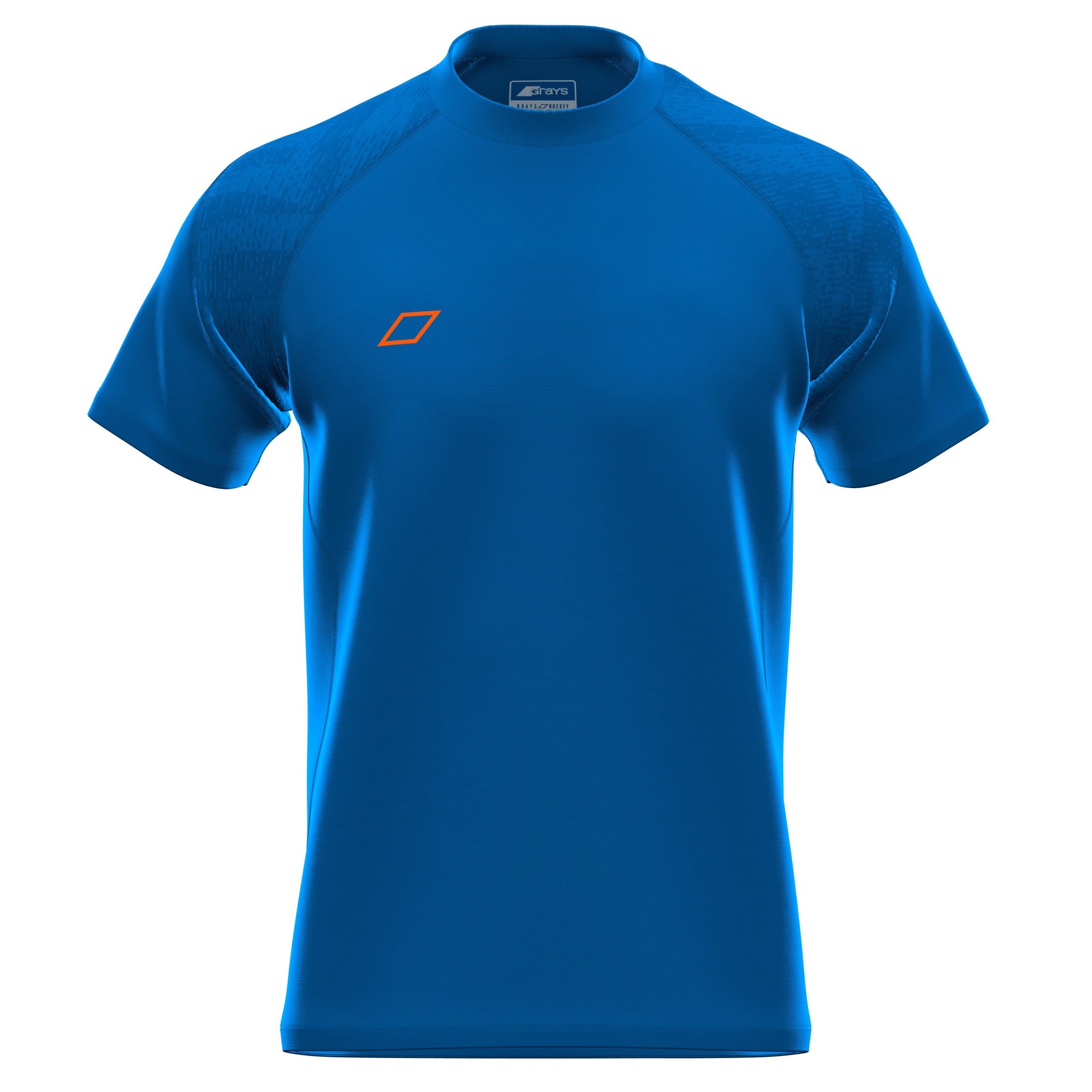 Short sleeve men's performance shirt in vibrant blue with a textured shoulder design and an orange logo on the chest, made from breathable, moisture-wicking material.
