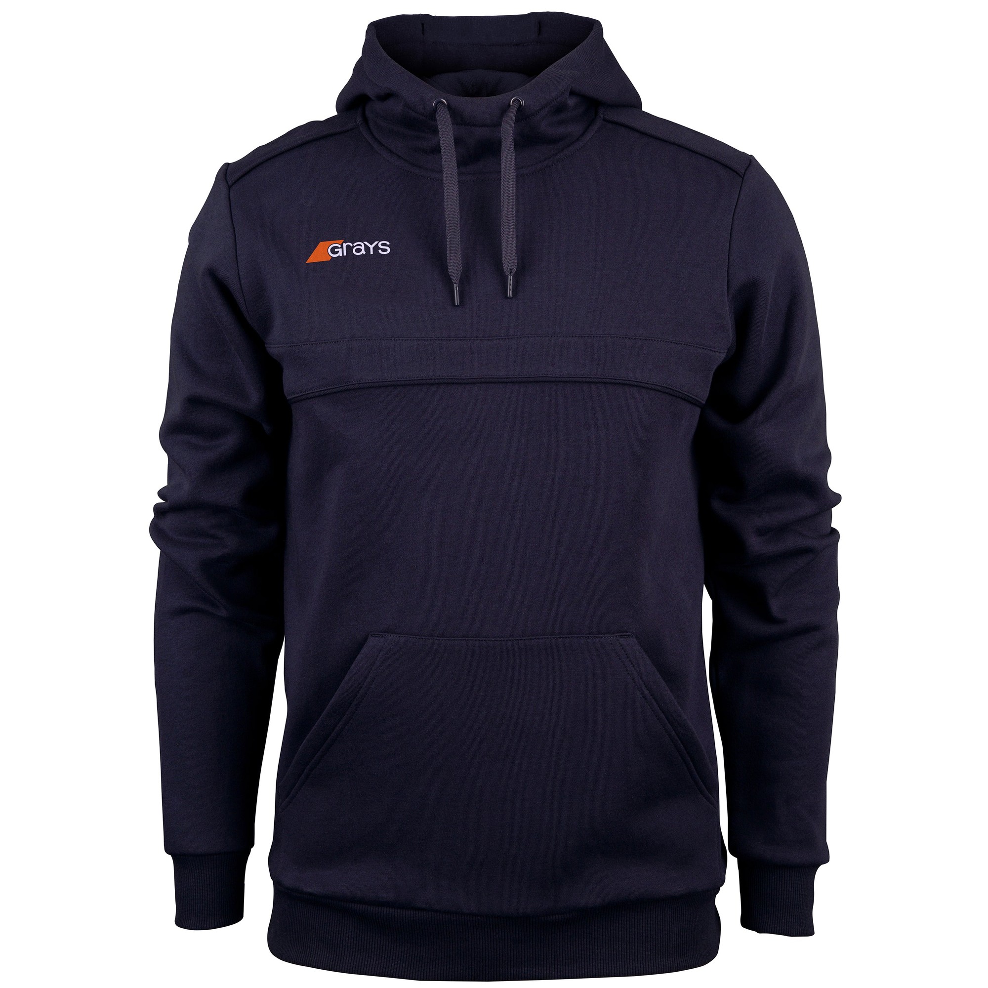 Navy blue men's hoodie by Grays Hockey featuring a front pocket, drawstring hood, and a logo on the chest. Made from soft, comfortable material.