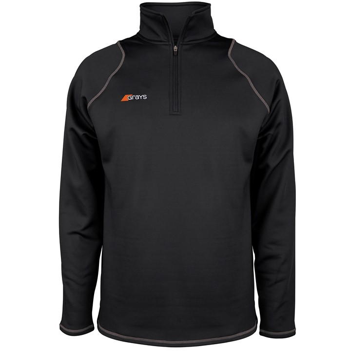 Black 1/4 zip fleece for men by Grays Hockey, featuring a high collar, contrasting stitching, and the Grays logo on the chest.