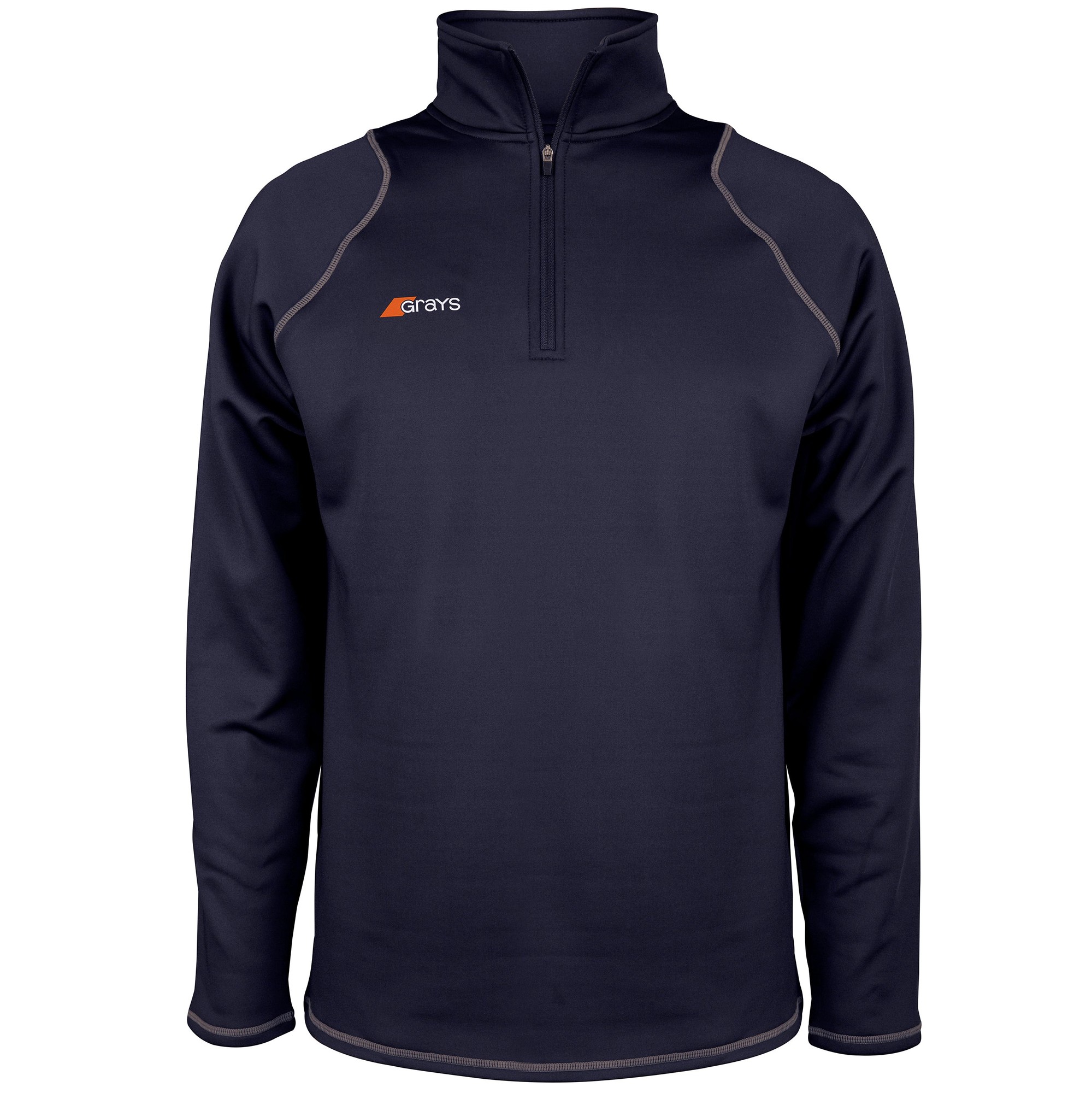 Navy blue 1/4 zip fleece for men by Grays Hockey, featuring a high collar, contrasting stitching, and the Grays logo on the chest.