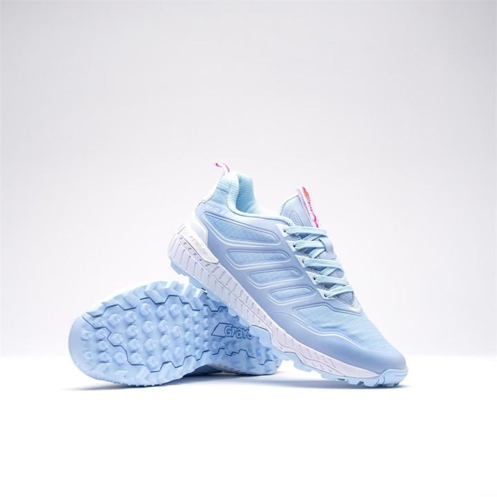 Sky blue Grays Raid 2.0 shoe featuring a breathable mesh upper, cushioned sole, and textured rubber outsole, designed for optimal grip and comfort on the field.