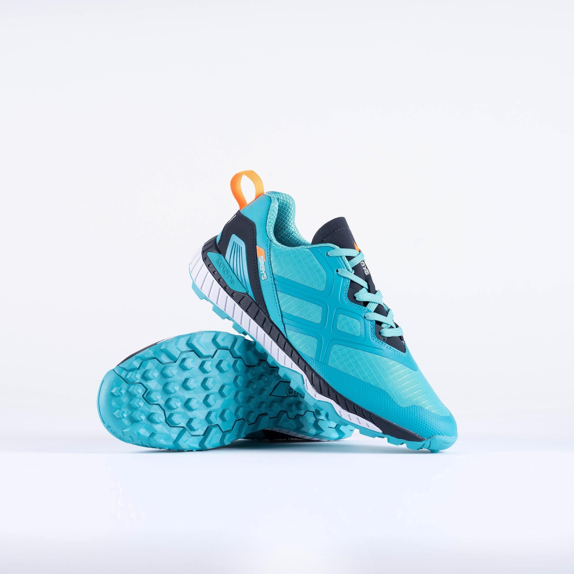 Teal and navy Grays Raid shoes featuring a breathable mesh upper, cushioned sole, and a textured rubber outsole for traction.