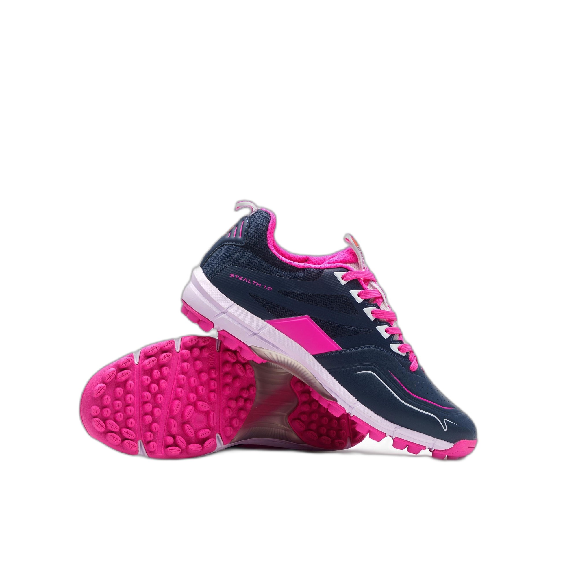 Navy and pink Grays Stealth hockey shoes featuring a breathable upper, cushioned sole, and textured pink outsole for enhanced grip and performance.
