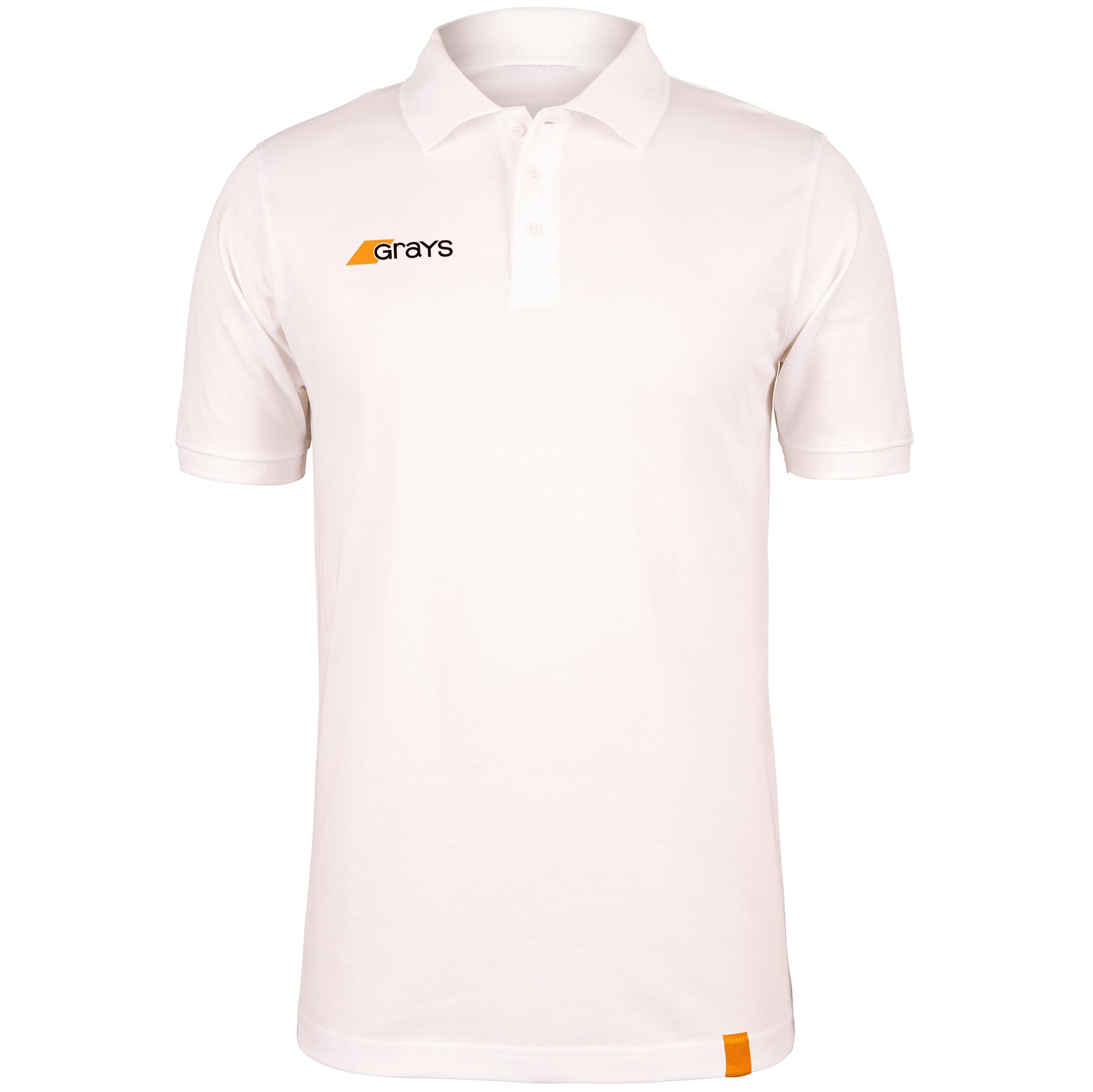 White junior polo shirt by Grays Hockey featuring a classic collar, short sleeves, and an embroidered logo in black and orange on the chest.