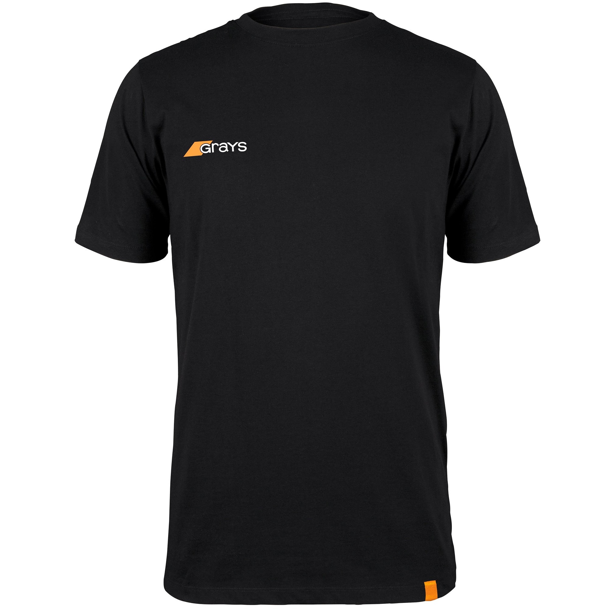 White junior tee shirt by Grays Hockey, featuring a round neck, short sleeves, and a small orange logo on the left chest, made from soft, breathable cotton material.