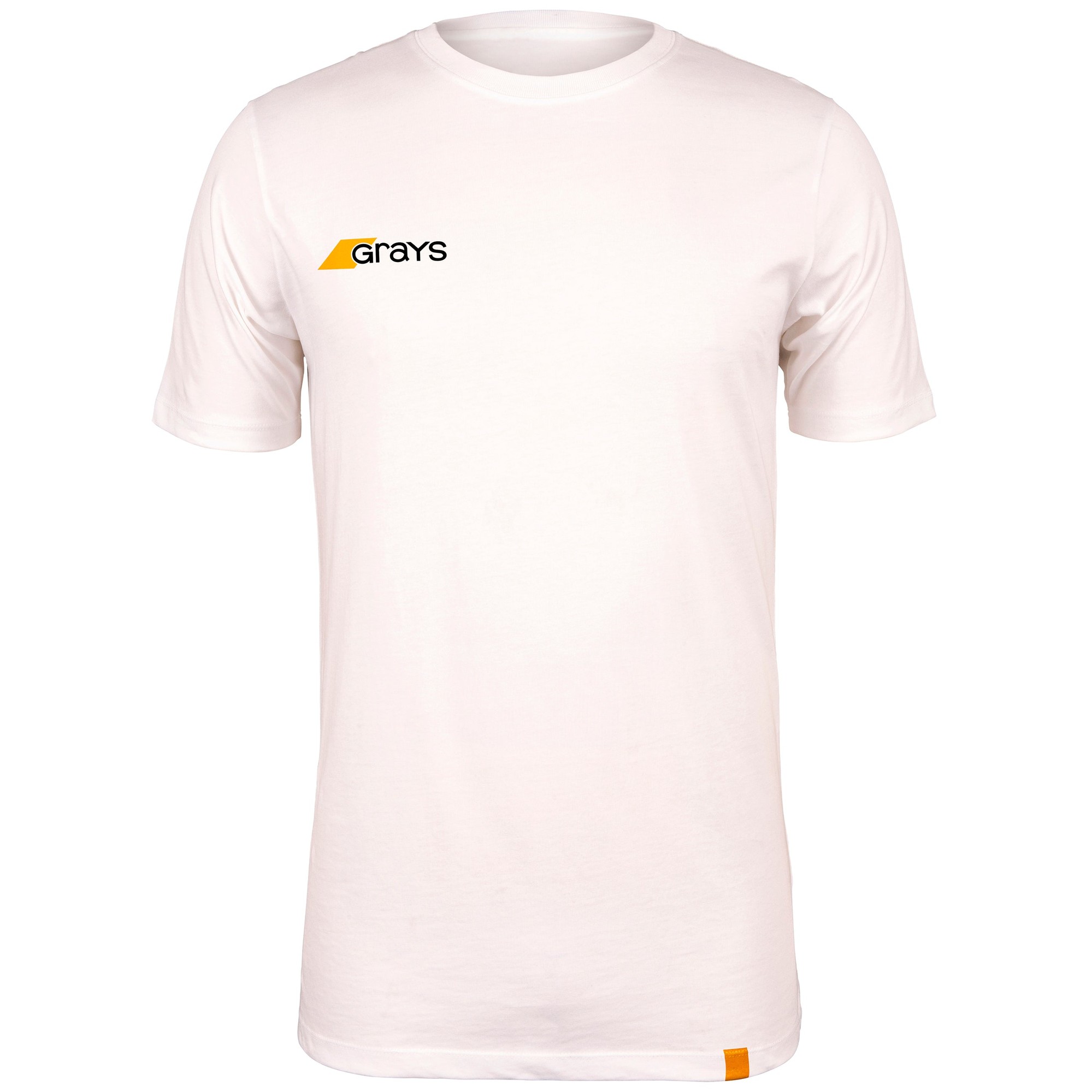White junior tee shirt by Grays Hockey featuring a black logo on the chest and an orange tag at the hem, made from soft, breathable material.