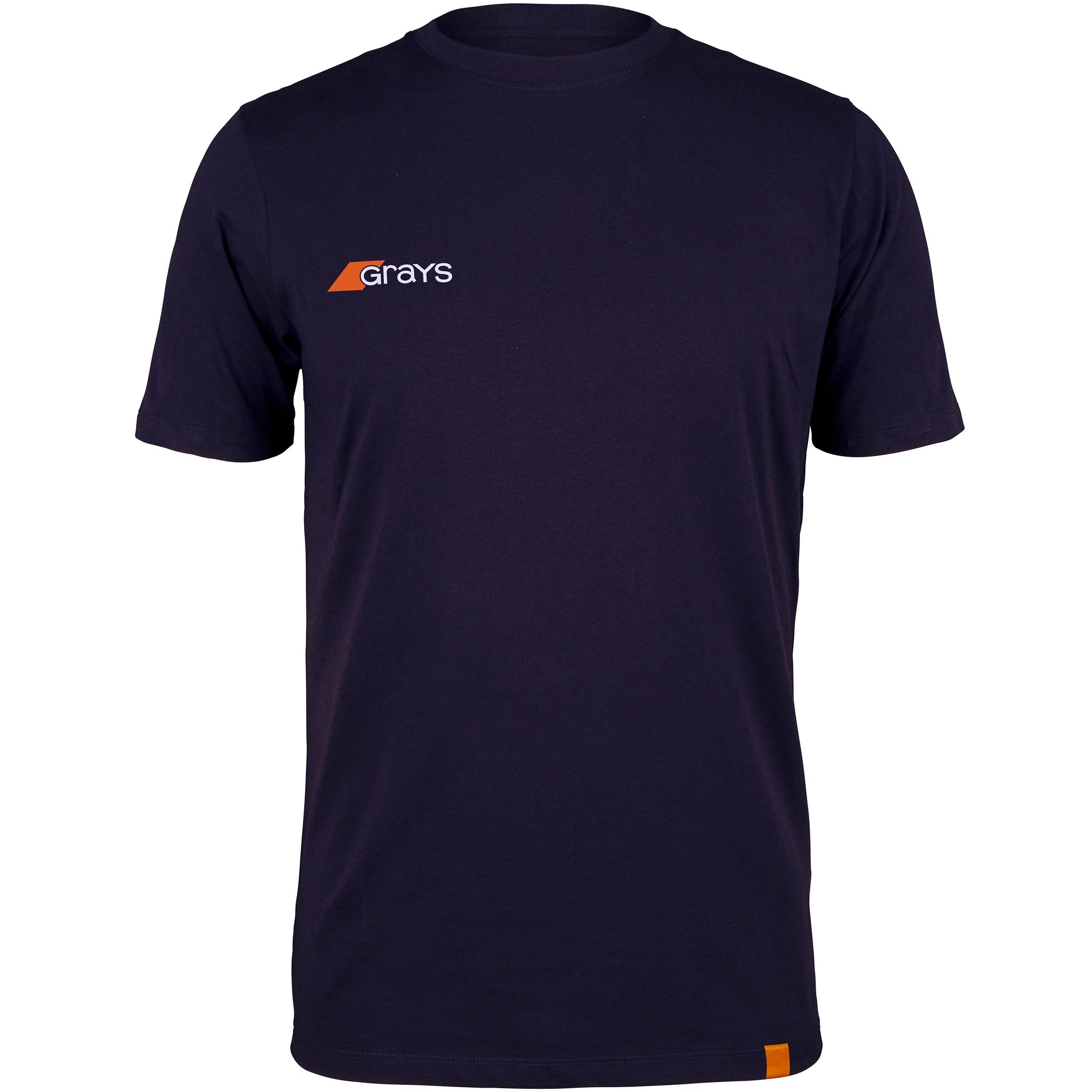 White short-sleeve men's tee shirt by Grays Hockey, featuring a small orange logo on the left chest and a contrasting orange tag at the hem.