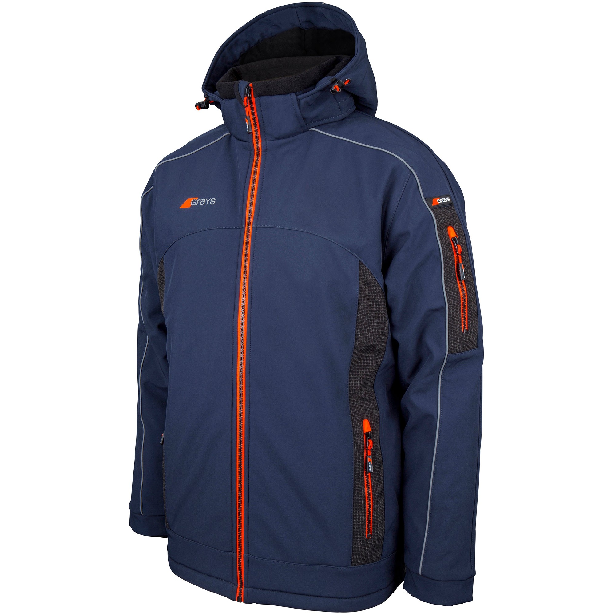 Navy padded jacket with orange accents, featuring a hood, zippered side pockets, and a logo on the chest, designed for men by Grays Hockey.