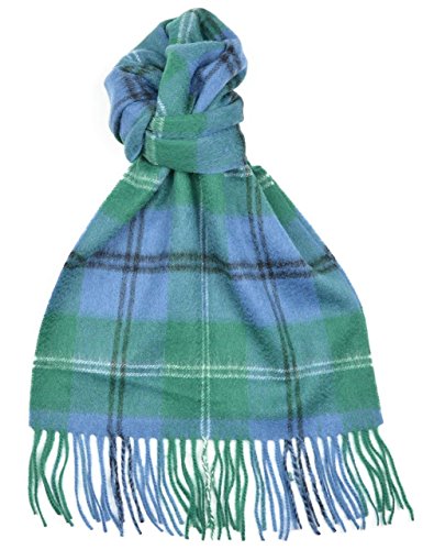 Lambswool scarf in Oliphant Ancient Tartan featuring shades of green and blue with black lines, finished with fringed edges for a classic touch.
