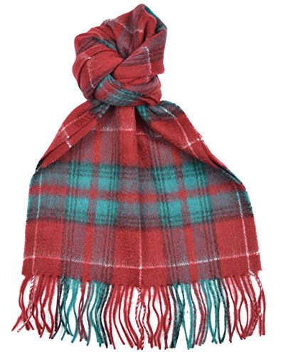 Lambswool scarf featuring the modern Stuart of Bute tartan in red, teal, and gray, with fringed ends and a knotted design.