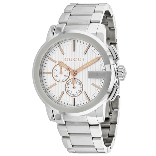 Silver stainless steel men's watch featuring a textured white dial, rose gold accents, chronograph sub-dials, and a polished bracelet.