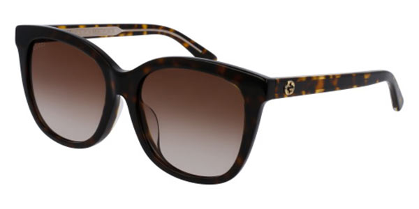 Tortoiseshell cat-eye sunglasses with gradient brown lenses, featuring gold Gucci logo on the temples and a bold, oversized design.