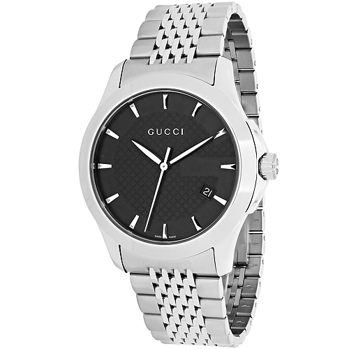 Gucci YA126402 G-Timeless watch features a sleek black dial, silver stainless steel case, and a mesh bracelet, with a date display at 3 o'clock and signature Gucci branding.