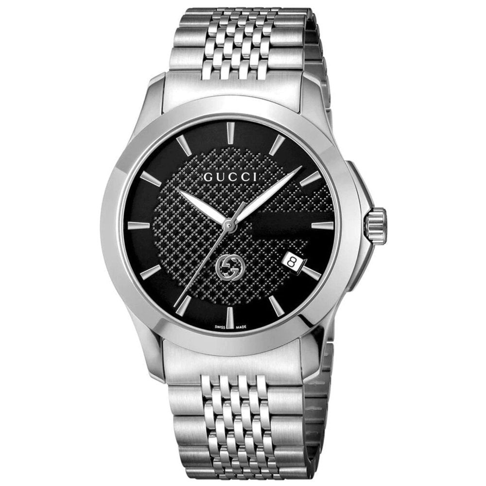 Gucci YA1264106 Dive men's watch features a black dial with textured pattern, silver stainless steel case, and a woven bracelet, showcasing a date display at 6 o'clock.