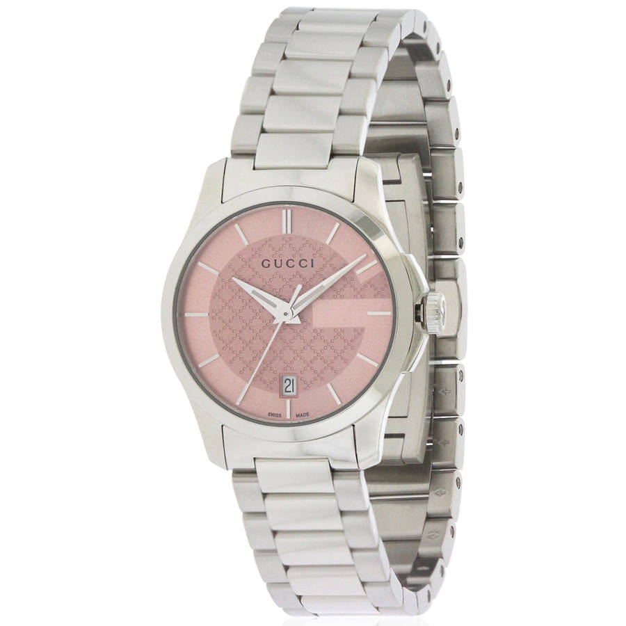 Gucci YA126524 G-Timeless ladies watch features a pink dial with a textured pattern, silver stainless steel case and bracelet, and a date display at 6 o'clock.