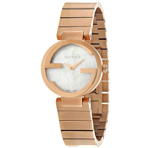 Gucci YA133515 ladies watch features a rose gold stainless steel bracelet, interlocking design, and a mother of pearl dial with minimalist hour markers.