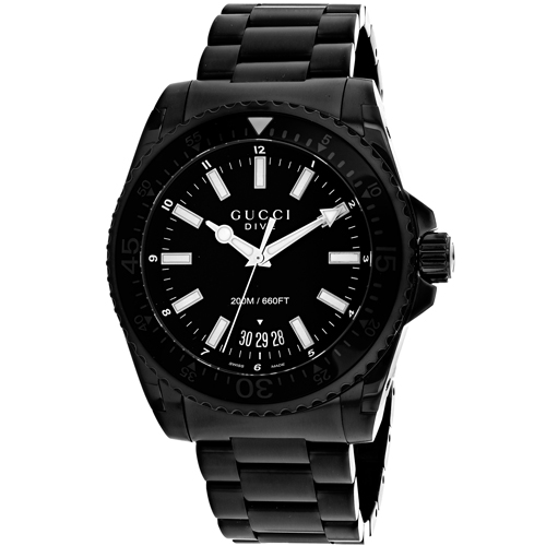 Black dial stainless steel men's watch by Gucci features luminous hour markers, a date display, and a black stainless steel bracelet, with a water resistance of 200 meters.