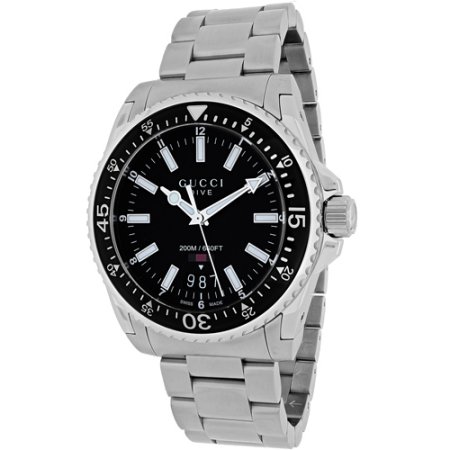 Gucci YA136301B Dive watch features a 40mm silver matte case, black dial with luminous hands, stainless steel bracelet, and 200m water resistance.