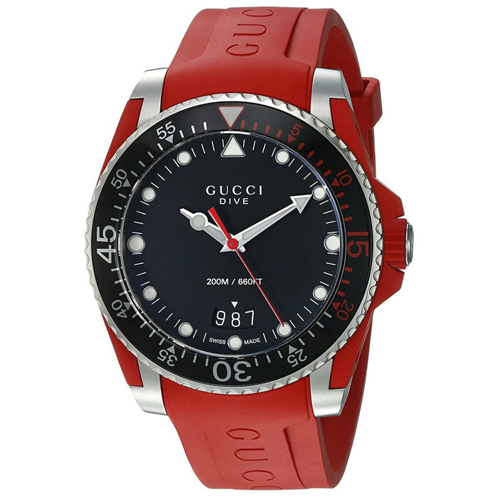 Gucci Dive men's watch features a black dial, silver-tone bezel, red silicone strap, and water resistance up to 200 meters, with luminous hour markers and hands.
