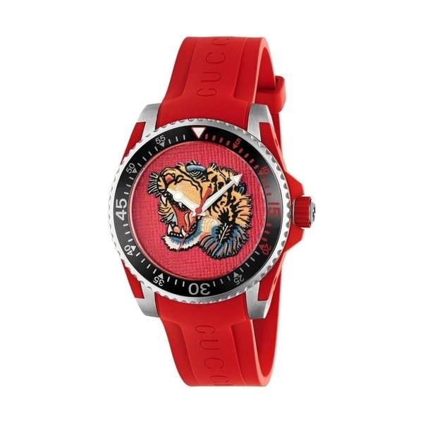 Gucci YA136315 Dive watch features a vibrant red silicone strap, a striking tiger head dial, and a stainless steel case with a black bezel and white hour markers.
