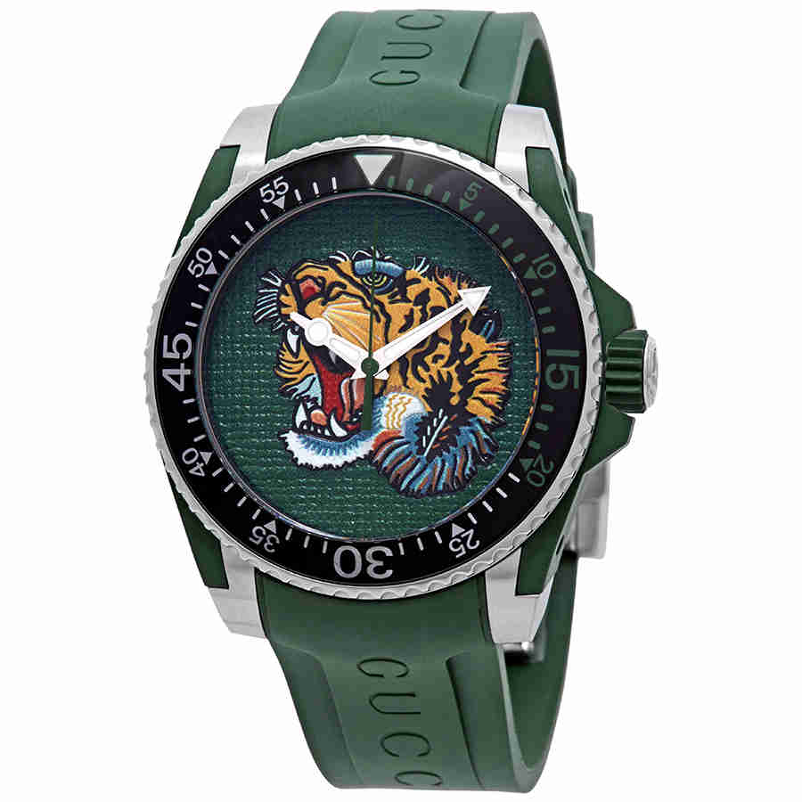 Green rubber strap men's watch featuring a striking tiger head dial, stainless steel case, and black bezel with white markings.