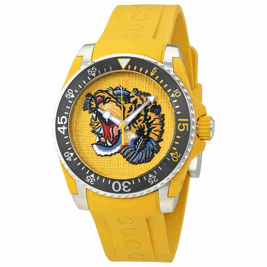 Yellow silicone strap watch featuring a textured tiger dial, silver-tone bezel, and bold black markings for hours and minutes, showcasing a vibrant embroidered tiger design.