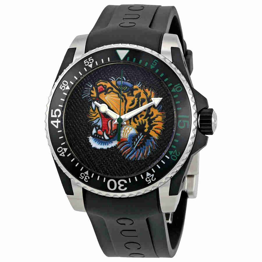 Gucci YA136318 Dive Tiger Motif watch features a black dial with a vibrant tiger design, stainless steel case, and a durable black rubber strap.