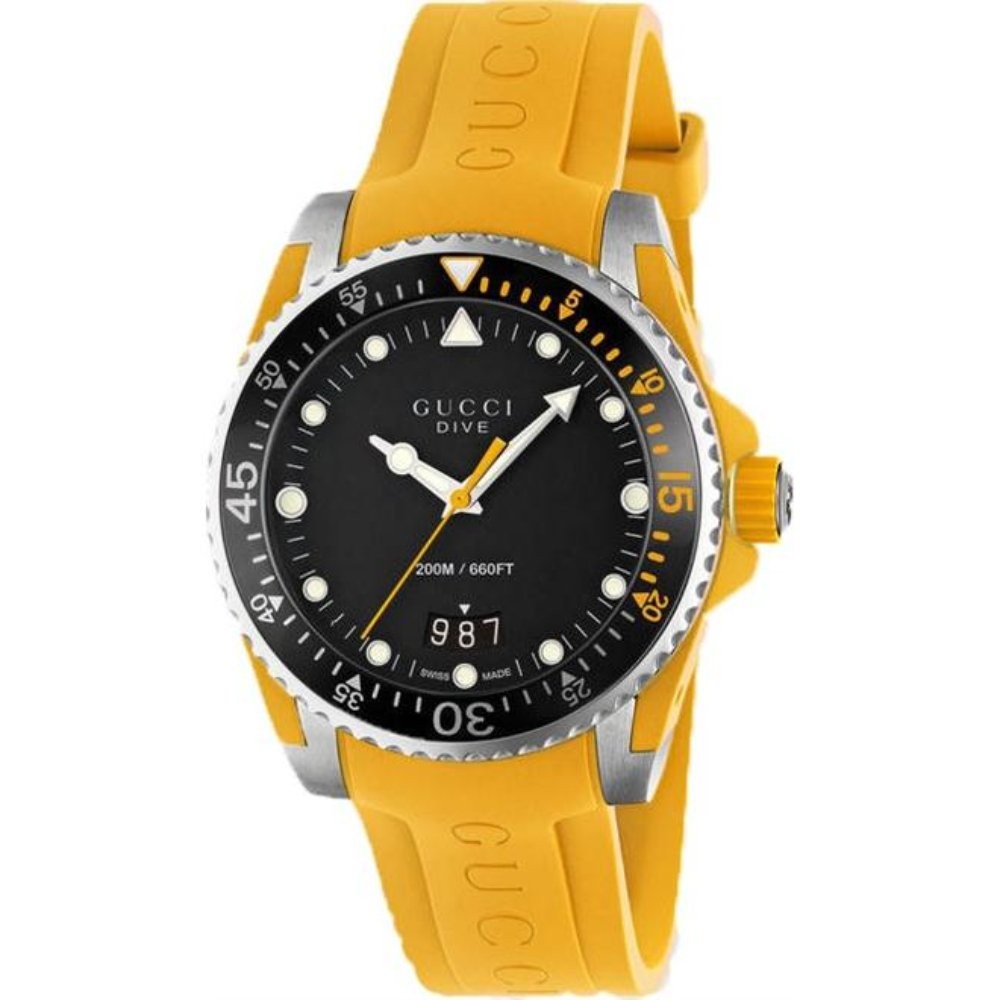 Black dial men's watch by Gucci featuring a stainless steel case, yellow silicone strap, luminous hands, and a rotating bezel with a depth rating of 200 meters.
