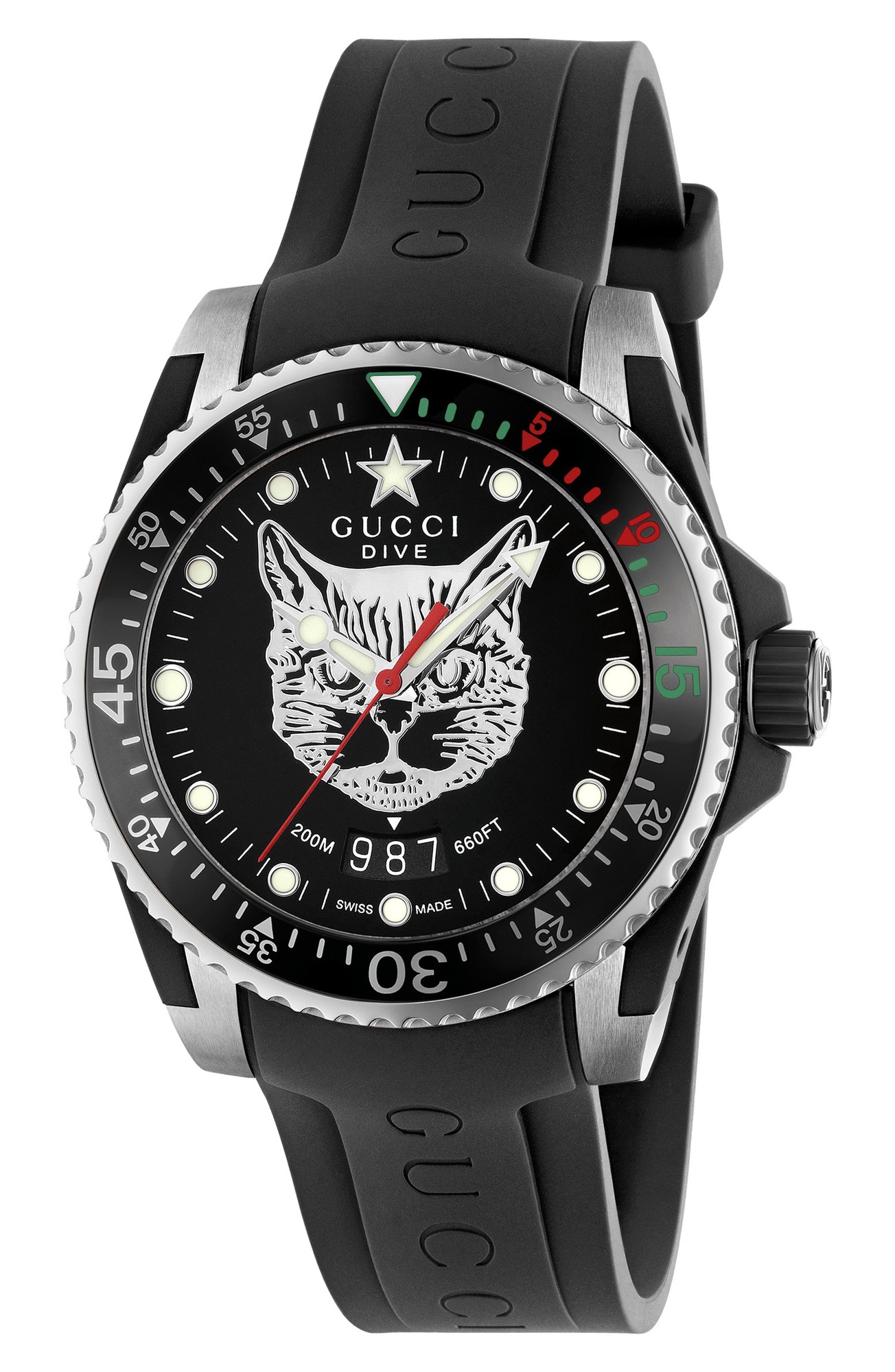 Gucci YA136320 unisex watch features a black dial with a feline motif, stainless steel case, and a black rubber strap, with luminous markers and a rotating bezel.