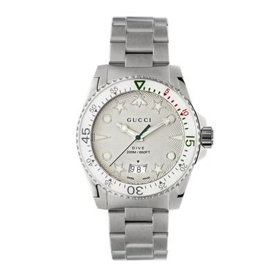 Gucci YA136336 unisex dive watch features a stainless steel case and bracelet, a silver dial with luminous markers, and a rotating bezel with green and red accents.