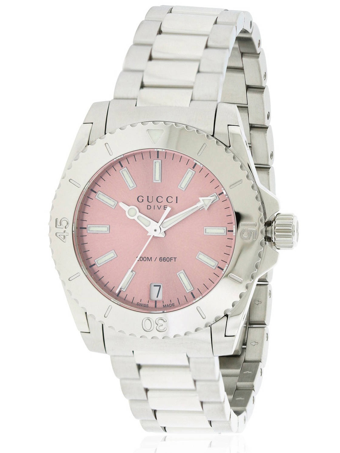 Gucci YA136401 Dive watch features a pink dial, silver stainless steel case and bracelet, luminous hour markers, and a unidirectional bezel, water-resistant up to 200 meters.