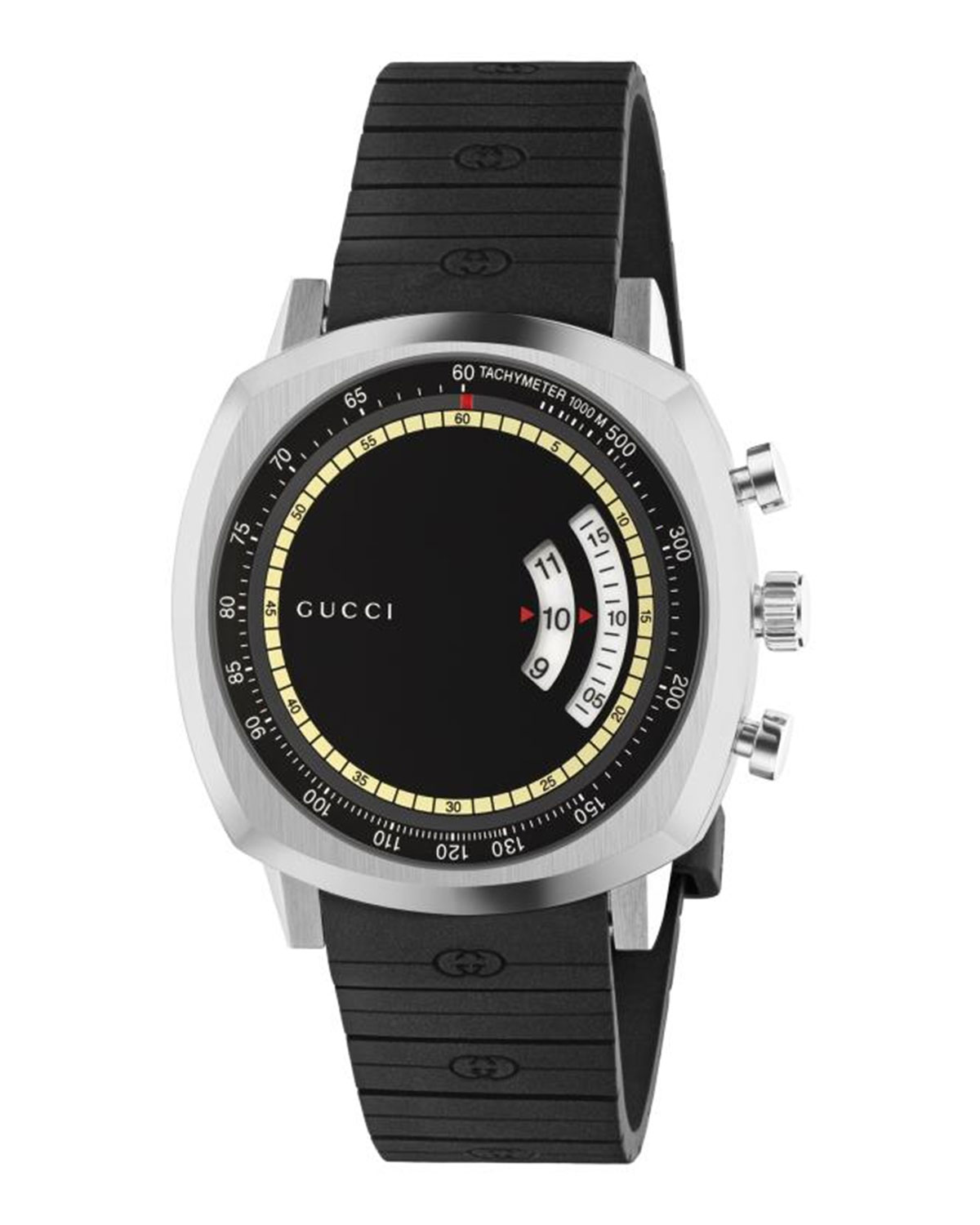 Gucci YA157301 Grip men's watch features a black dial with yellow accents, a tachymeter scale, silver stainless steel case, and a black rubber strap.