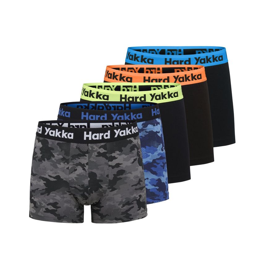 Five-pack of Hard Yakka men's cotton trunks featuring a mix of colors including black, camouflage, and vibrant neon waistbands with "Hard Yakka" branding.
