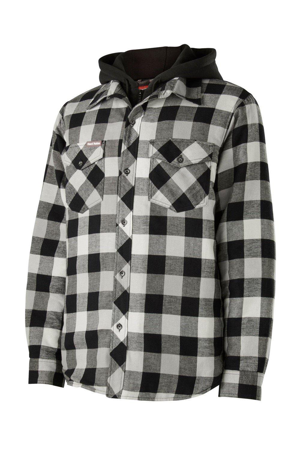 Men's quilted flannel shacket in grey, featuring a black and white checkered pattern, two chest pockets, and a hood, designed for warmth and style.