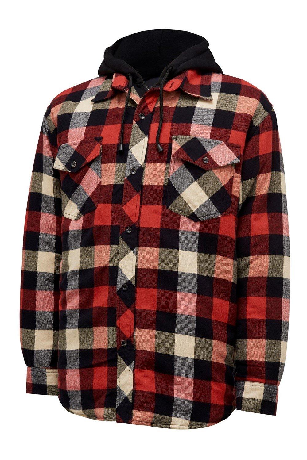 Men's quilted flannel shacket in red, featuring a black hood, plaid pattern with red, black, cream, and grey squares, two chest pockets, and button-up front.