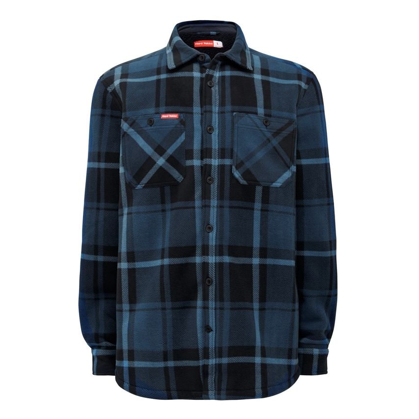 Blue and black checkered Sherpa jacket with long sleeves, button-up front, and two chest pockets, featuring a soft, warm fabric ideal for outdoor wear.