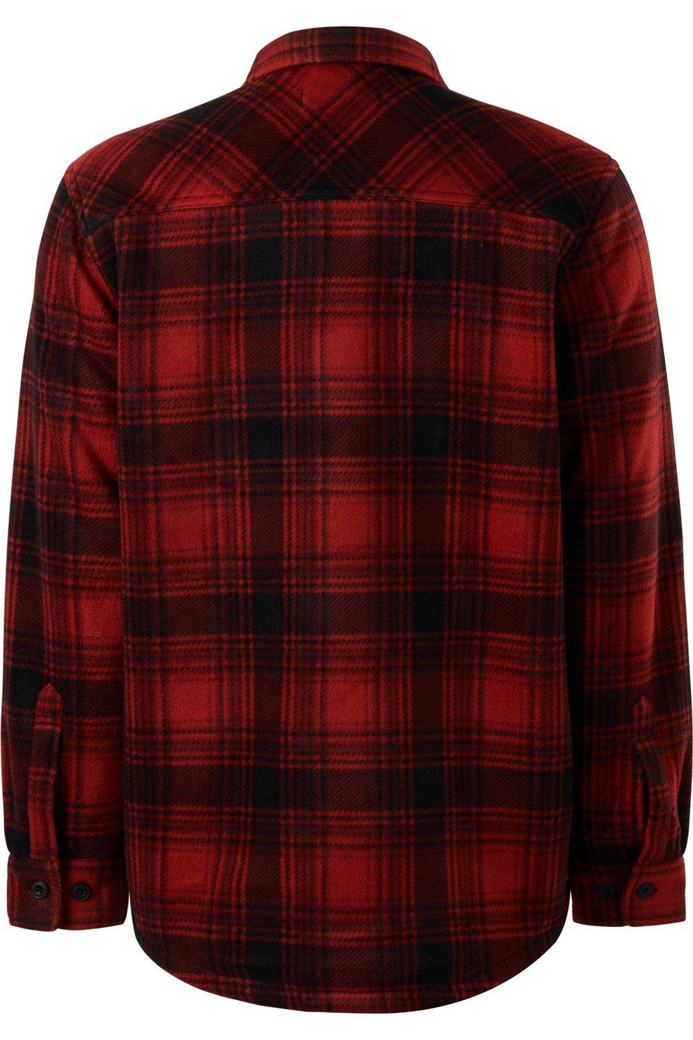 Red and black plaid fleece jacket featuring a button-up front, long sleeves, and a classic collar, designed for warmth and comfort.