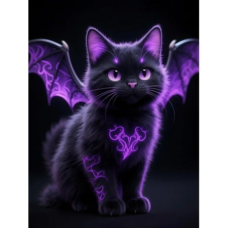 A whimsical black cat with bat wings, featuring purple accents and glowing patterns, set against a dark background, perfect for Halloween-themed jigsaw puzzles.