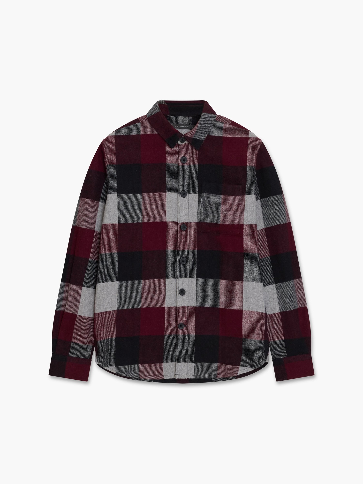 Heavy large check overshirt in burgundy, gray, and black, featuring a button-up front, a single chest pocket, and long sleeves with a curved hem.