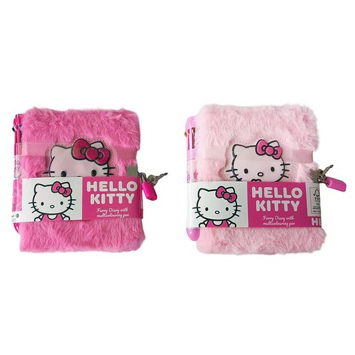 Fluffy pink diary featuring a Hello Kitty design on the cover, complete with a matching pink pen; styles may vary.